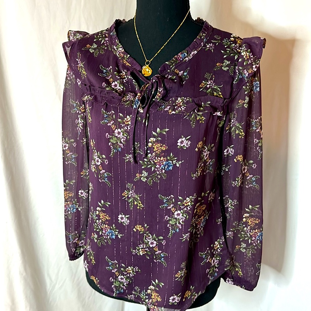 NWOT FORTUNE +‎ IVY floral long sleeve blouse - plum/purple